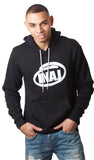 Image of INAJ Unisex Black Hoodie. INAJ ( Ī-NADGE) is an acronym for I Need A Job. Black flex fleece drop shoulder pull over. 8.2 oz. 50% polyester / 50% cotton fleece. White drawcord. Made in the USA. A conversation starter for job and opportunity seekers.