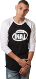 INAJ ( Ī-NADGE) is an acronym for I Need A Job.  Unisex White Sleeve / Black Chest Circle INAJ Baseball Tee 50% polyester / 50% combed cotton, 3/4" durable neck binding, raglan 3/4 sleeves, contrasting collar sleeves, overlock hem  Weight 3.7 Oz Colors White / Black MADE IN THE USA