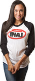 INAJ ( Ī-NADGE) is an acronym for I Need A Job.  Unisex Black Sleeve / White Chest INAJ Circle Baseball Tee 50% polyester / 50% combed cotton, 3/4" durable neck binding, raglan 3/4 sleeves, contrasting collar sleeves, overlock hem  Weight 3.7 Oz   Colors Black / White   MADE IN THE USA 