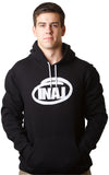 Image of INAJ Unisex Black Hoodie. INAJ ( Ī-NADGE) is an acronym for I Need A Job. Black flex fleece drop shoulder pull over. 8.2 oz. 50% polyester / 50% cotton fleece. White drawcord. Made in the USA. A conversation starter for job and opportunity seekers.