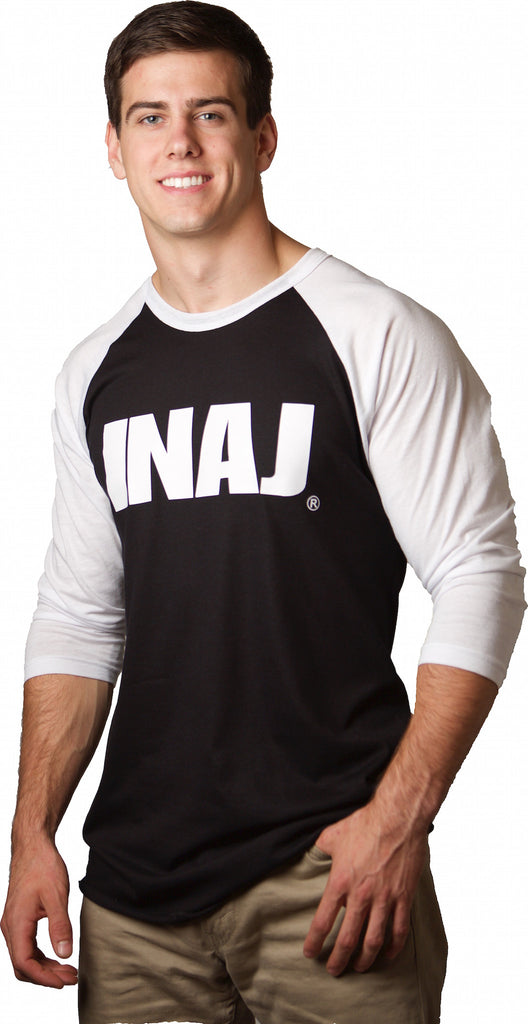 INAJ ( Ī-NADGE) is an acronym for I Need A Job.  Unisex White Sleeve / Black Chest Bold INAJ Baseball Tee 50% polyester / 50% combed cotton, 3/4" durable neck binding, raglan 3/4 sleeves, contrasting collar sleeves, overlock hem  Weight 3.7 Oz   Colors White / Black   MADE IN THE USA 