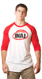 INAJ ( Ī-NADGE) is an acronym for I Need A Job.  Unisex Red Sleeve / White Chest Circle INAJ Baseball Tee 50% polyester / 50% combed cotton, 3/4" durable neck binding, raglan 3/4 sleeves, contrasting collar sleeves, overlock hem  Weight 3.7 Oz Colors Red / White MADE IN THE USA