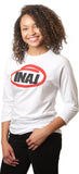 INAJ ( Ī-NADGE) is an acronym for I Need A Job.  Unisex White Sleeve / White Chest Circle INAJ Baseball Tee 50% polyester / 50% combed cotton, 3/4" durable neck binding, raglan 3/4 sleeves, contrasting collar sleeves, overlock hem  Weight 3.7 Oz Colors White / White MADE IN THE USA