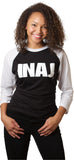 INAJ ( Ī-NADGE) is an acronym for I Need A Job.  Unisex White Sleeve / Black Chest Bold INAJ Baseball Tee 50% polyester / 50% combed cotton, 3/4" durable neck binding, raglan 3/4 sleeves, contrasting collar sleeves, overlock hem  Weight 3.7 Oz   Colors White / Black   MADE IN THE USA